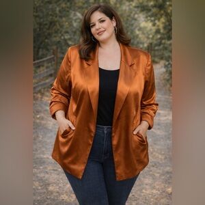 Bar III - -Shiny Satin Copper Blazer - pockets- ruched sleeves